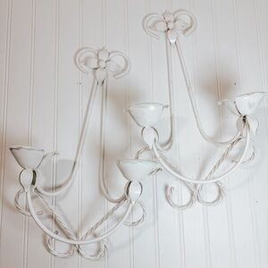 Vintage White Metal 2 Arm Candelabra Wall Mount | Set of 2